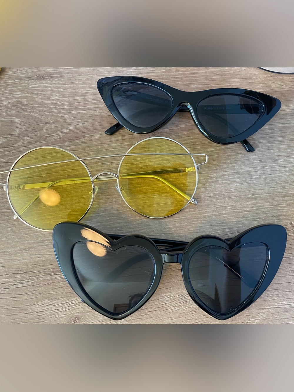Lot of 3 Funky Sunglasses- Black Cat-Eye, Heart Frames, and Yellow Round Lens